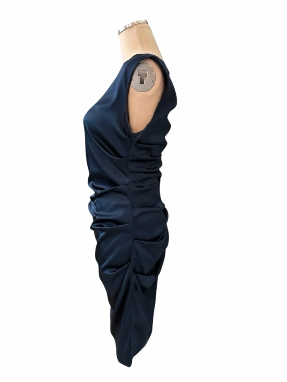 Nicole Miller Navy Satin Ruched Midi Dress Sz 8 - Picture 6 of 12